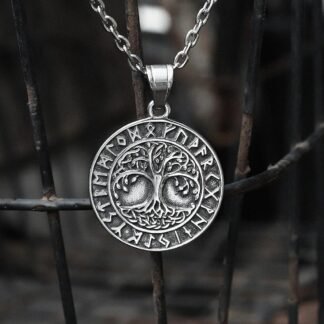 Tree of Life Runes Stainless Steel Viking Pendant – Norse Mythology Necklace with Tree of Life Symbol and Rune Inscriptions