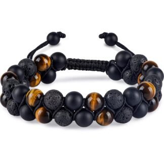 Triple Protection Bracelet for Men Women, Genuine Premium Tiger Eye Black Onyx and Lava Rock 8mm Handmade Bead Bracelet Healing Crystal Protection Bracelets Bring Luck and...