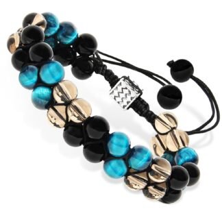 Triple Protection Bracelet- Tiger's Eye, Black Obsidian & Quartz Crystal, 8mm Handmade Healing Crystal Bead Bracelets for Luck, Prosperity, Protection & Balance, Gift for Men &...