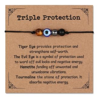 Triple Threat Protection Anxiety Relief New Beginnings Gifts for Women Men, Natural Healing Crystal Bracelet Evil Eye Moonstone Tourmaline Amethyst Jewelry for Family Friends...