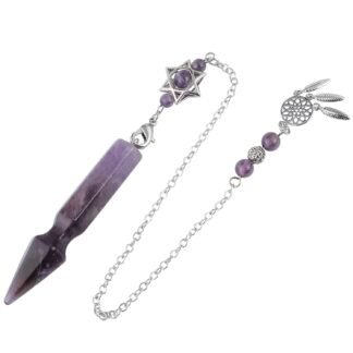 TUMBEELLUWA Crystal Point Pendulum for Divination Dowsing Faceted Stone Pendant Pendulum with Dream Catcher and Merkaba Star Chain, Amethyst