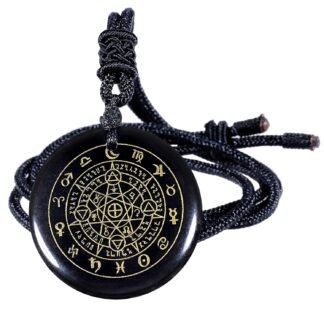 TUMBEELLUWA Engraved Golden Pattern Necklace Black Obsidian Crystal Stone Pendant Amulet with Adjustable Cord