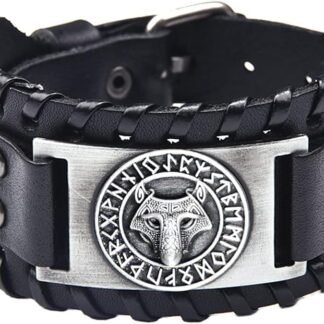 TURTLEDOVE Viking Wolf Leather Bracelet - Norse Viking Runes Amulet - Celtic Pagan Jewelry of Talisman