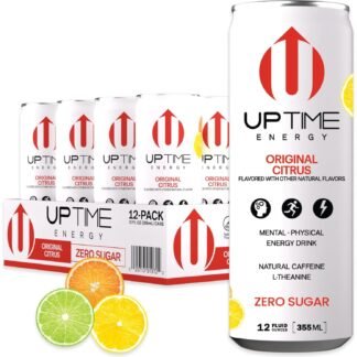 UPTIME Energy Drink, Original Citrus Sparkling, 12 Pack, Vitamin C, L Theanine, Calcium, Sugar Free Energy Drinks for Focus Support, 142mg of Natural Caffeine, 5 Calories,...