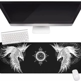 Viking Raven Rune Vegvisir Mouse Mat, 3D Print Tattoo Big Extended Desk Game Keyboard Pad with Non-Slip Base and Stitched Edge for Office & Home,Black,35.4" x 15.7"