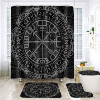 Viking Runic Compass Shower Curtain Set, 4PCS Vegvsir Nordic Celtic Rune Black Bathroom Sets with Shower Curtain and Rugs, Toilet Lid Cover, Bath Mat and U Shaped Rug, 12 Hooks,...