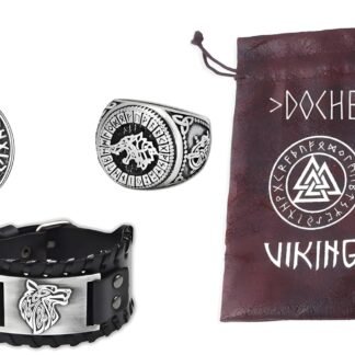 Viking Stainless Steel Wolf Necklace Chain Jewelry Set for Men - Nordic Leather Wrist Bracelet Talisman, Medieval Ghotic Ring - Scandinavian Rune Amulets Accessories - Thor's...