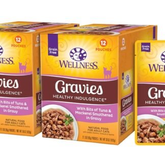 Wellness Healthy Indulgence Gravy Adult Wet Cat Food, Natural, Protein-Rich, Grain Free, 3 Ounce Pouch, 24 Pack, (Tuna & Mackerel)