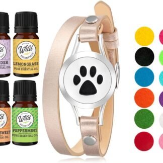 Wild Essentials Dog Paw Essential Oil Leather Wrap Bracelet Diffuser Kit, Gift Set, Lavender, Lemongrass, Peppermint, Orange Oils, 12 Pads, Customizable Color Changing Perfume...