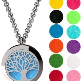Wild Essentials Tree of Life Essential Oil Diffuser Necklace, Stainless Steel Locket Pendant with 24 inch Chain, 12 Color Refill Pads, Customizable Color Changing Perfume...