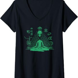 Womens Green Alien Shirt UFO Zen Yoga Meditation Funny V-Neck T-Shirt