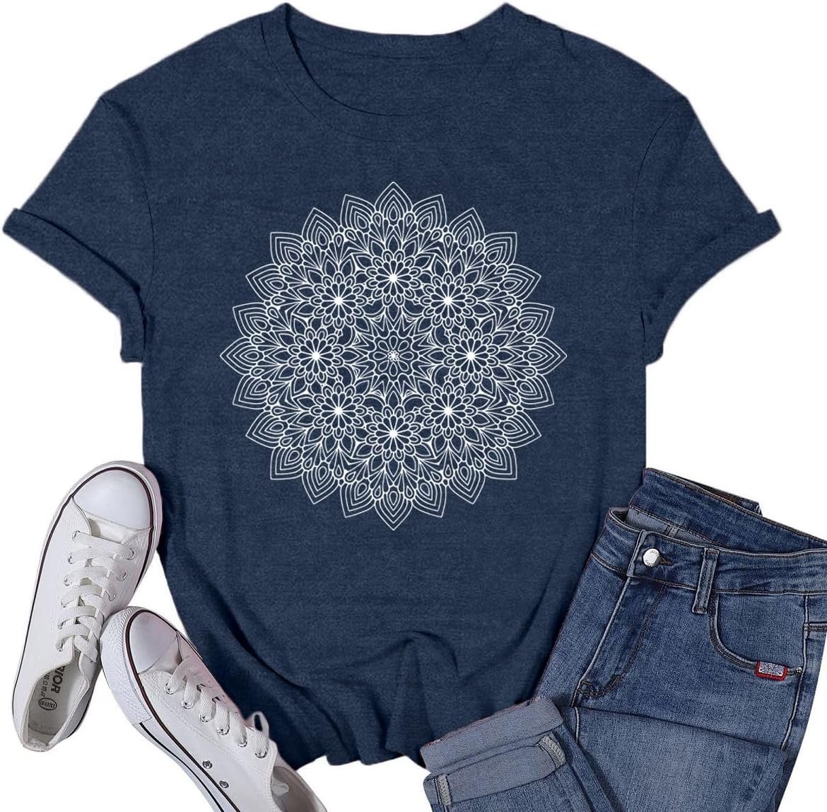 Womens Mandala Shirts Lotus Cottagecore Buddha T-Shirt Floral Zen Mindfulness Yoga Tee Tops