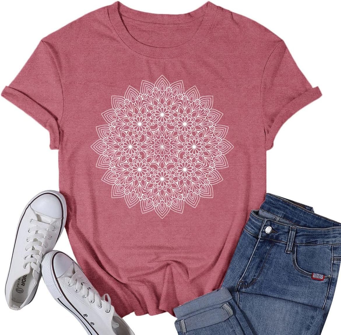 Womens Mandala Shirts Lotus Cottagecore Buddha T-Shirt Floral Zen Mindfulness Yoga Tee Tops