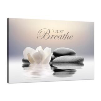 Zen Stone Canvas Wall Art Just Breathe Yoga Quotes Poster for Spa Decor White Lotus Flower Pictures Prints for Bathroom Modern Spiritual Artwork Framed (12 x 16inches)