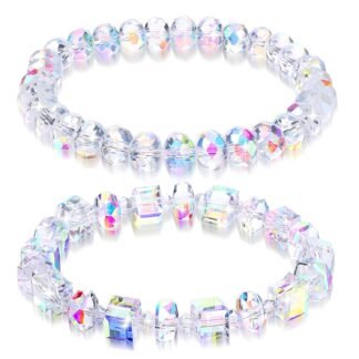 2PCS Beaded Stretch Bracelet Set for Women Austrian Crystal Stretch Bracelets Rainbow Aurora Borealis Jewelry Rainbow Reflective Crystal Chain for Birthdays Valentines Retirements