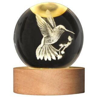 3D Laser Engraved Bird Crystal Ball with LED Stand, 60mm Hummingbird Figurine Lamp Night Light, Glass Hummingbird Globe Paperweight Gift