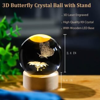3D Laser Etched Butterfly Crystal Ball with Stand, 60mm Glass Sphere Decorative Balls, Crystal Butterfly Figurine Lamp Night Light Gifts for Women Girls Mom Kids