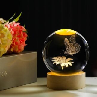 3D Laser Etched Butterfly Crystal Ball with Stand, 60mm Glass Sphere Decorative Balls, Crystal Butterfly Figurine Lamp Night Light Gifts for Women Girls Mom Kids