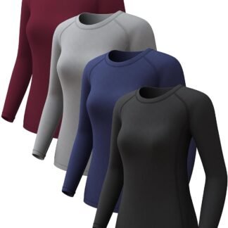 4 Pack Women's Long Sleeve Compression Shirts, Dry Fit Workout Athletic Sun Protection Cooling Tops for Yoga Running Gym