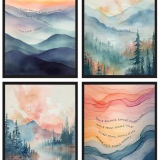 4pcs Mental Health Inhale Exhale Meditation Canvas Wall Art Abstract Watercolor Painting Picture Wall Decor Therapy Office Pictures Poster Print Artwork for Meditation Room...