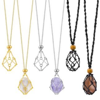 6 Pcs Crystal Necklace Holder Adjustable Empty Stone Holder Necklace Crystal Holder Boho Handmade Cord Cage for Women Men