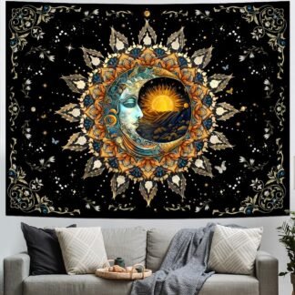 Ameyahud Moon and Sun Tapestry Spiritual Mandala Tapestry Black Flower Plant Tapestries Hippie Boho Tapestries Vintage Aesthetic Wall Hanging Decor for Home