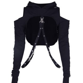 AULKEEP Gothic Punk Long Sleeve Cold Shoulder Hooded Crop Tops Buckle Strap Hoodie Sweatshirt