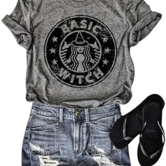 Basic Witch Tshirt for Women Coffee Graphic Shirt Vintage Coffee Lover Tee Funny Caffeine Themed Short Sleeve Tops