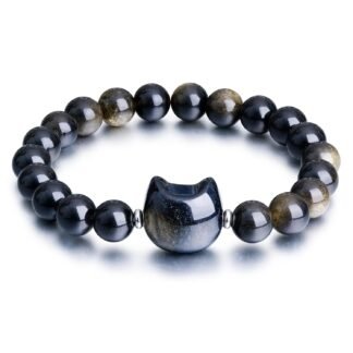 Beaded Bracelets for Women, Black Obsidian Money Attraction Bracelet, 8mm Healing Relax Anxiety Luck Crystal Bead Bracelets, Adjustable Jewelry Feng Shui Stretch Bracelet Cat...