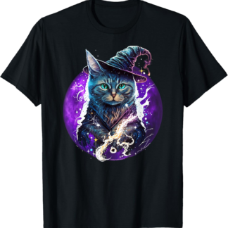 Beautiful Wiccan Cat with a Witch Hat Purple Moon Witchy Cat T-Shirt