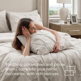 Bedsure Queen Comforter Set Linen - Bed in a Bag Queen Size Bedding 7 Pieces, GentleSoft™ Pintuck Bed Set Gift for Family, Pinch Pleat All Season Comforter with Sheets,...