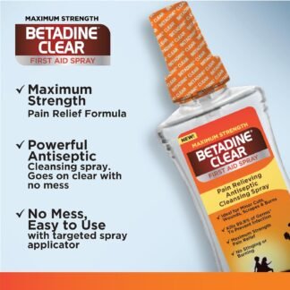 Betadine Clear First Aid Spray, Max Strength Pain Relieving Antiseptic Cleansing Spray, No Stinging, Kills 99.9% of Germs*, Helps Prevent Infections, 6 oz