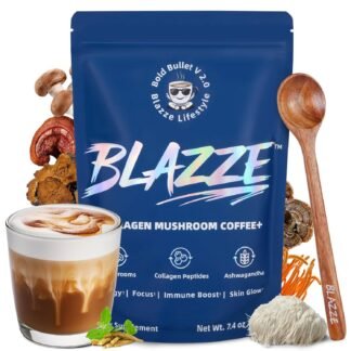 BLAZZE Mushroom Coffee,Adaptogenic 7 Mushrooms with Reishi,Lion's Mane & Chaga,Collagen Peptides, Ashwagandha,MCT,L-Theanine–Instant Coffee for Focus, Energy & & Immune...