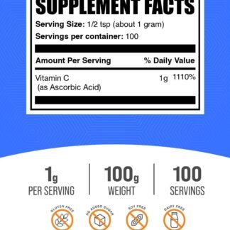BulkSupplements.com Ascorbic Acid Powder - Vitamin C Supplement, for Immune Support - Ascorbic Acid Food Grade, Gluten Free, 1g per Serving, 100g (3.5 oz) (Pack of 1)