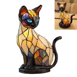 Cat Lamp, Stained Glass Cat Lamp, Decorative Resin LED Night Light for Cat Lovers, USB Vintage 3D Table Lamp Cozy Glow for Desk & Mantel – Fun Gift for Pet Owners (Siamese Cat A)
