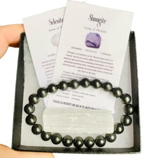 Crystal Shungite 8mm Round Bead Stretch Bracelet ~ Gift Set with Complimentary Selenite ~ Semi-Precious Gemstone ~ 7.25-7.50 Inches ~ Unisex ~ Reiki ~ Metaphysical ~ Meditation...