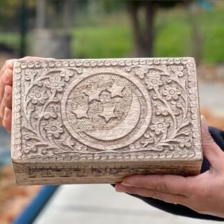 DharmaObjects Celestial Moon and Stars Hand Carved Wooden Storage Keepsake Box (Large, Moon & Stars)