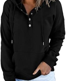 Dokotoo Womens 2025 Hoodies Button Collar Drawstring Hooded Pullover Sweatshirt Casual Long Sleeve Tops Shirts