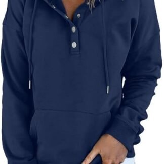 Dokotoo Womens 2025 Hoodies Button Collar Drawstring Hooded Pullover Sweatshirt Casual Long Sleeve Tops Shirts