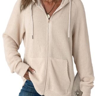 Dokotoo Women's Full Zip Up Hoodies Waffle Knit Long Sleeve Drawstring Casual Sweatshirt Hooded Tops