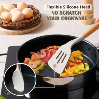 E-far Silicone Cooking Utensils Set, 10-Piece Heat Resistant Kitchen Utensils Set with Wooden Handle for Nonstick Cookware, Kitchen Nonstick Tools Spatula Whisk Tongs Ladle,...