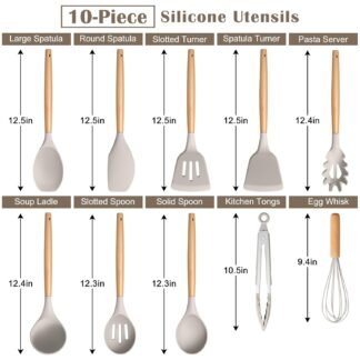 E-far Silicone Cooking Utensils Set, 10-Piece Heat Resistant Kitchen Utensils Set with Wooden Handle for Nonstick Cookware, Kitchen Nonstick Tools Spatula Whisk Tongs Ladle,...