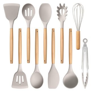 E-far Silicone Cooking Utensils Set, 10-Piece Heat Resistant Kitchen Utensils Set with Wooden Handle for Nonstick Cookware, Kitchen Nonstick Tools Spatula Whisk Tongs Ladle,...