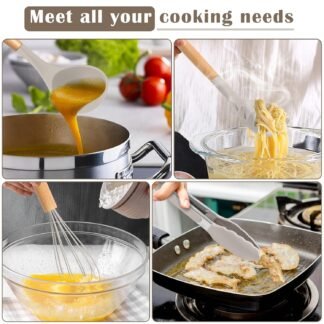 E-far Silicone Cooking Utensils Set, 10-Piece Heat Resistant Kitchen Utensils Set with Wooden Handle for Nonstick Cookware, Kitchen Nonstick Tools Spatula Whisk Tongs Ladle,...