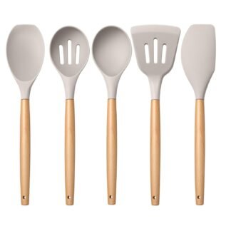 E-far Silicone Cooking Utensils Set, 10-Piece Heat Resistant Kitchen Utensils Set with Wooden Handle for Nonstick Cookware, Kitchen Nonstick Tools Spatula Whisk Tongs Ladle,...