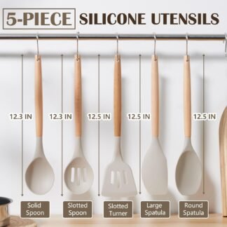 E-far Silicone Cooking Utensils Set, 10-Piece Heat Resistant Kitchen Utensils Set with Wooden Handle for Nonstick Cookware, Kitchen Nonstick Tools Spatula Whisk Tongs Ladle,...