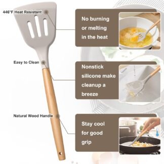 E-far Silicone Cooking Utensils Set, 10-Piece Heat Resistant Kitchen Utensils Set with Wooden Handle for Nonstick Cookware, Kitchen Nonstick Tools Spatula Whisk Tongs Ladle,...