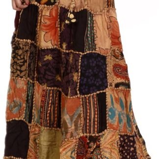Exotic India Long Printed Dori Skirt from Gujarat with Patch Work - Rayon