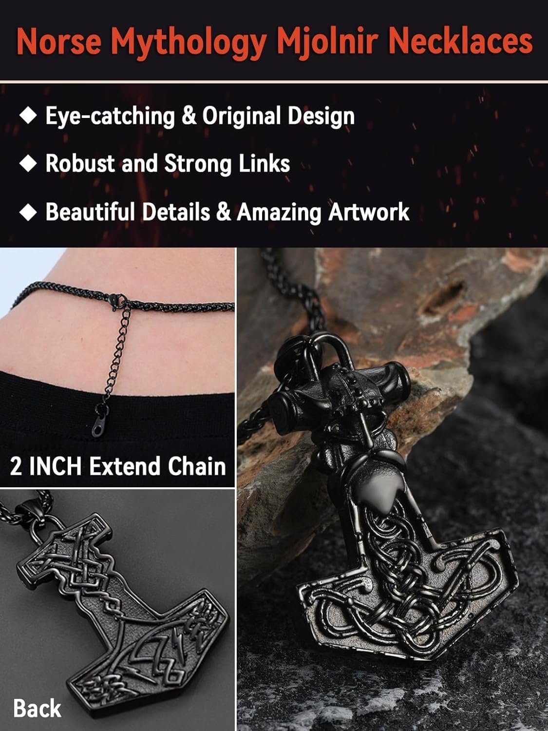 FaithHeart Viking Thors Hammer Talisman Necklace for Men Vintage Norse Mjolnir Amulet Pendant with Sturdy Wheat Chain Stainless Steel Jewelry Gift Box - lunas-mystic-emporium.com FaithHeart Viking Thor's Hammer Talisman Necklace for Men, Vintage Norse Mjolnir Amulet Pendant with Sturdy Wheat Chain, Stainless Steel Jewelry (Gift Box)