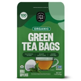 FGO Organic Green Tea, 100 Count Eco-Conscious Tea Bags, Caffeinated, Resealable Pouch, Packaging May Vary (Pack of 1)